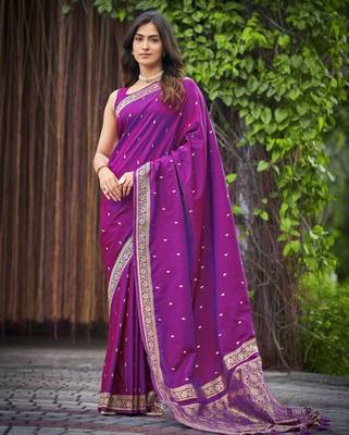 dark purple saree with heavy jacquard work saree with blouse piece 1