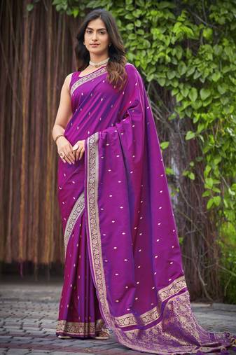 dark purple saree with heavy jacquard work saree with blouse piece