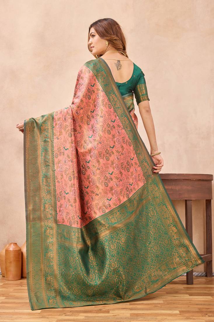 Peach green silk blend banarasi saree with unstitched blouse piece