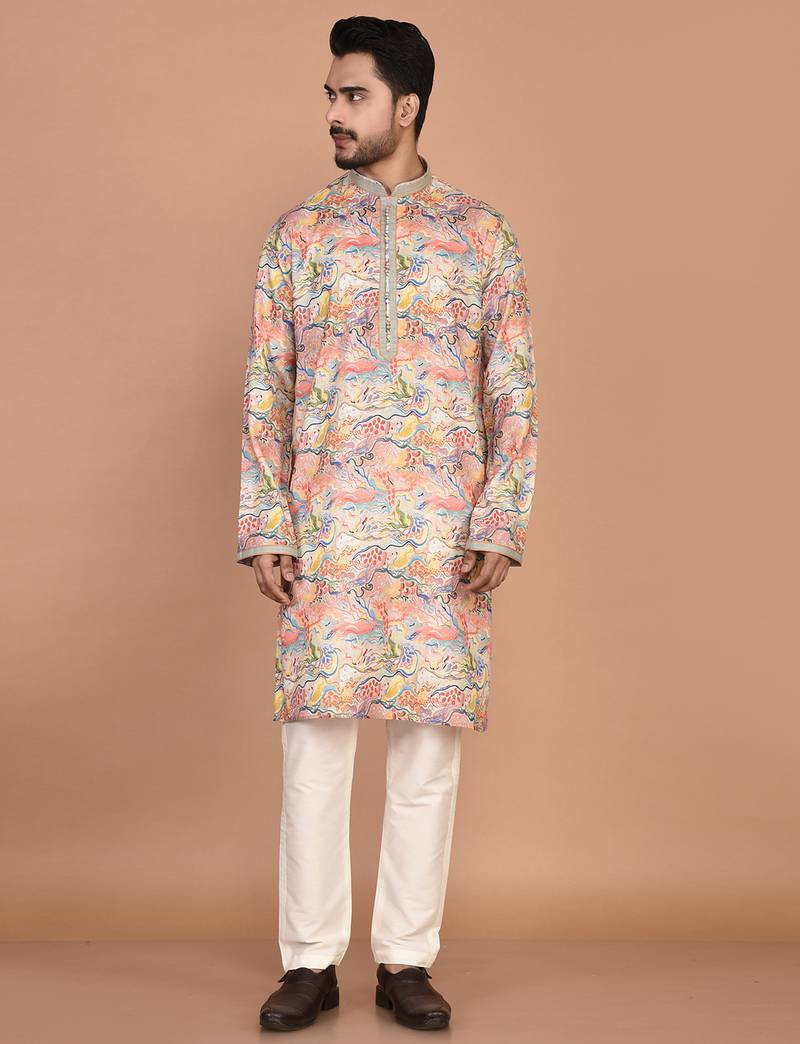 Men's abstract printed regular fit cotton kurta