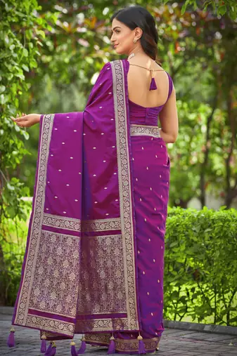 dark purple saree with heavy jacquard work saree with blouse piece