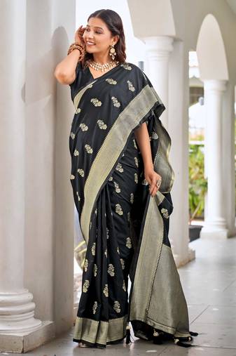 black saree with heavy jacquard work saree with blouse piece