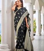black saree with heavy jacquard work saree with blouse piece
