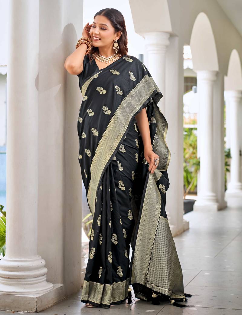 black saree with heavy jacquard work saree with blouse piece
