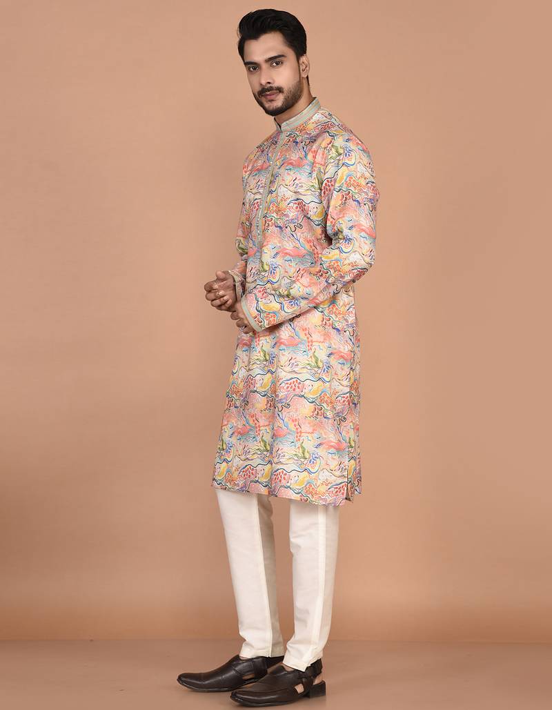 Men's abstract printed regular fit cotton kurta