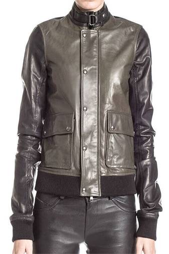 Women’s charcoal gray  lambskin leather jacket-zipper detail & ribb cuff biker stylish look