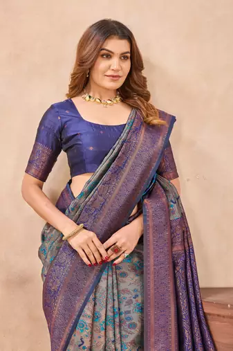 Turquoise blue soft silk blend banarasi jacuard work designer party wear saree with unstitched blouse piece