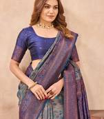 Turquoise blue silk blend banarasi saree with unstitched blouse piece