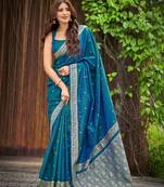 peacock blue saree with heavy jacquard work saree with blouse piece