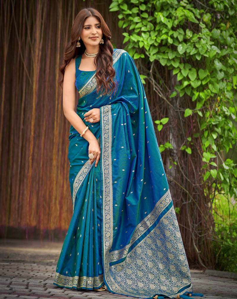 peacock blue saree with heavy jacquard work saree with blouse piece