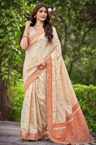 creamy beige saree with heavy jacquard work saree with blouse piece