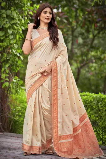 creamy beige saree with heavy jacquard work saree with blouse piece