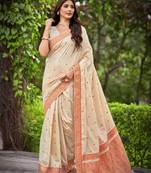 creamy beige saree with heavy jacquard work saree with blouse piece