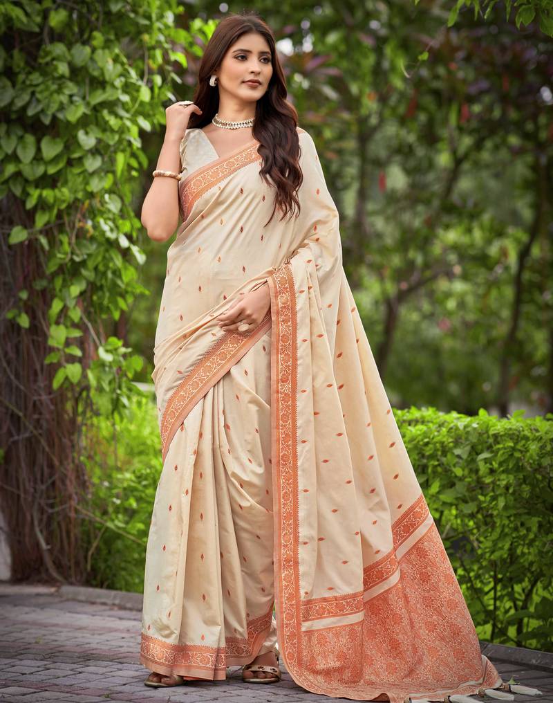 creamy beige saree with heavy jacquard work saree with blouse piece