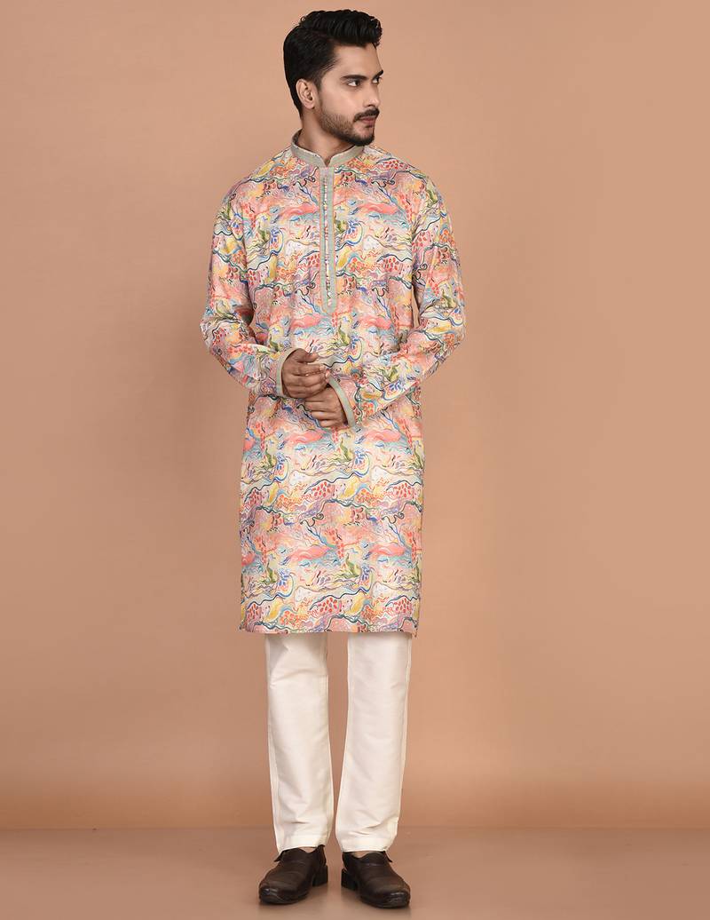 Men's abstract printed regular fit cotton kurta