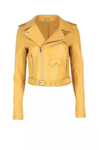 women's yellow lambskin leather biker jacket classic moto zip style modern