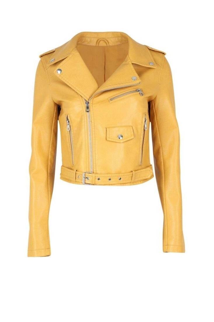 Women’s yellow  lambskin leather jacket- multiple zipper  biker stylish look