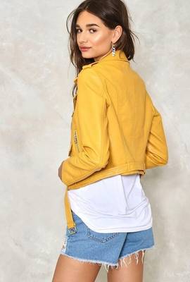 women's yellow lambskin leather biker jacket classic moto zip style modern 2