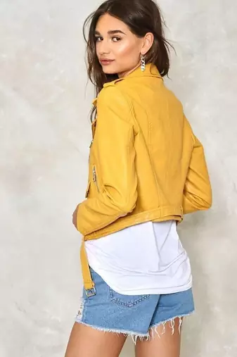 women's yellow lambskin leather biker jacket classic moto zip style modern