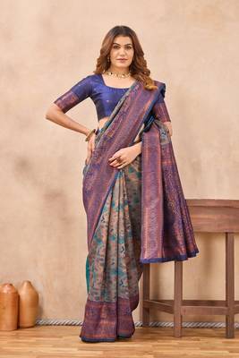 Turquoise blue silk blend banarasi saree with unstitched blouse piece 2