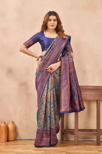Turquoise blue silk blend banarasi saree with unstitched blouse piece
