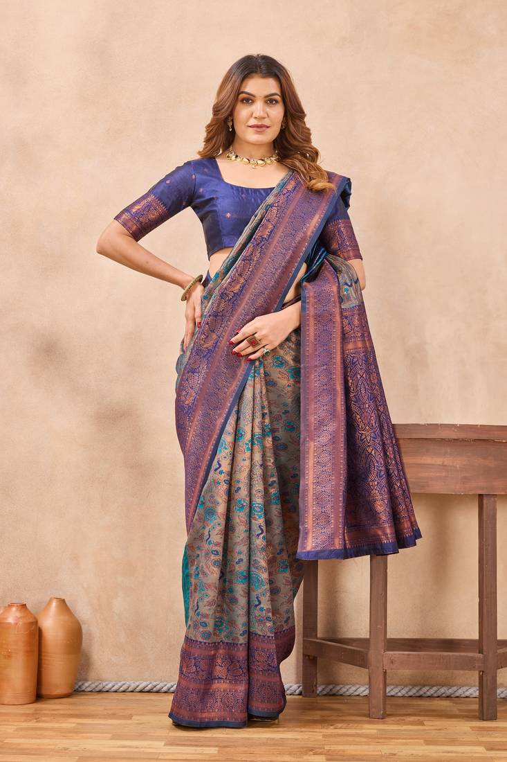 Turquoise blue silk blend banarasi saree with unstitched blouse piece