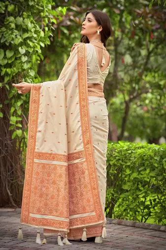 creamy beige saree with heavy jacquard work saree with blouse piece