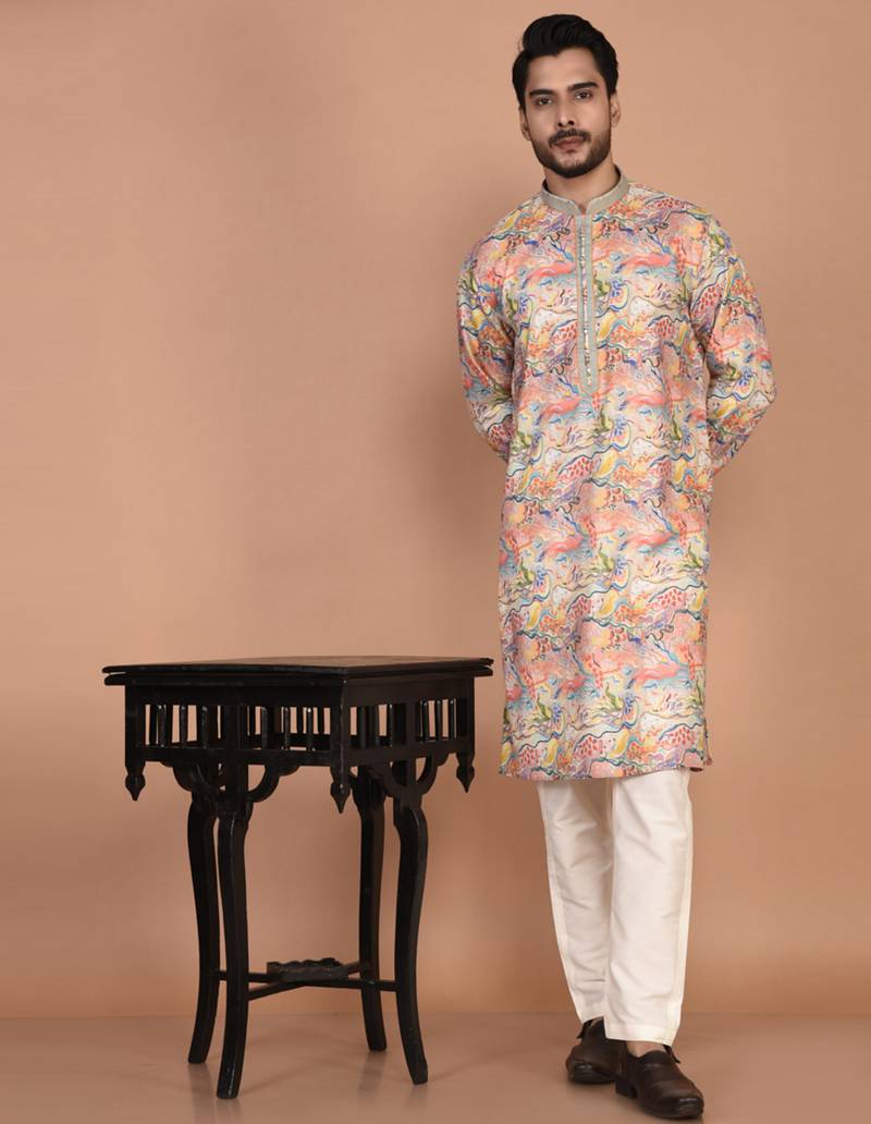 Men's abstract printed regular fit cotton kurta