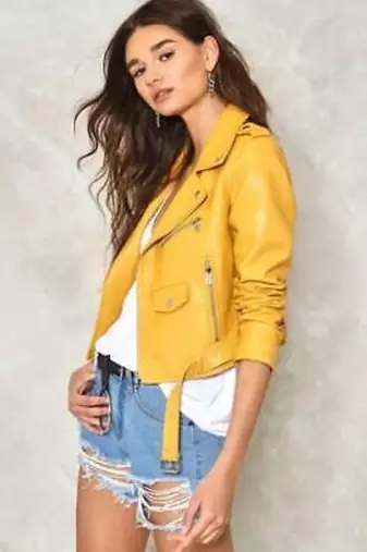 women's yellow lambskin leather biker jacket classic moto zip style modern