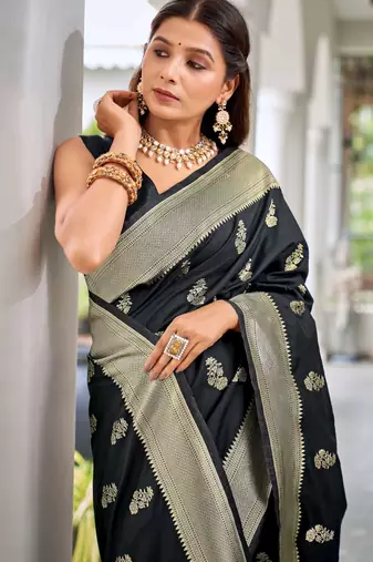 black saree with heavy jacquard work saree with blouse piece