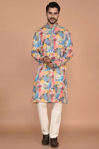 Men's abstract printed regular fit cotton kurta