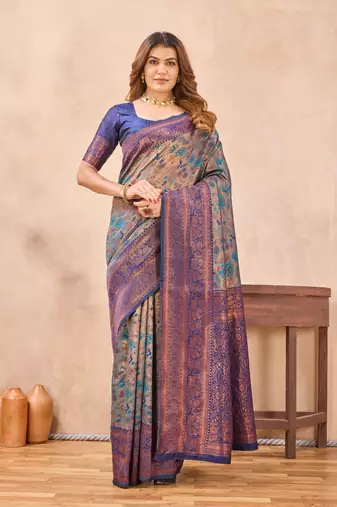 Turquoise blue silk blend banarasi saree with unstitched blouse piece