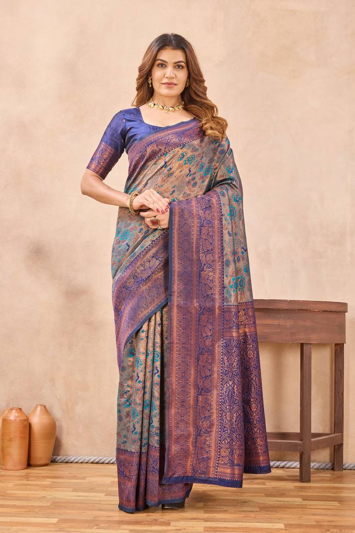 Turquoise blue silk blend banarasi saree with unstitched blouse piece