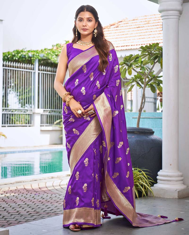 Dark purple saree with heavy jacquard work saree with blouse piece