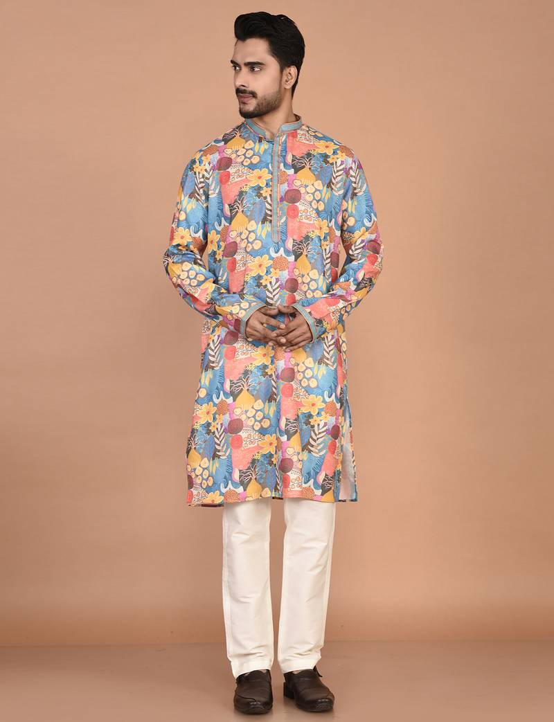Men's abstract printed regular fit cotton kurta