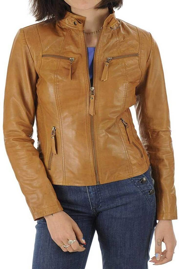 Women’s brown   lambskin leather jacket- multiple zipper  biker stylish look