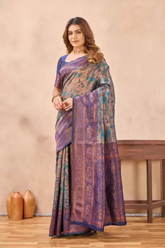Turquoise blue silk blend banarasi saree with unstitched blouse piece