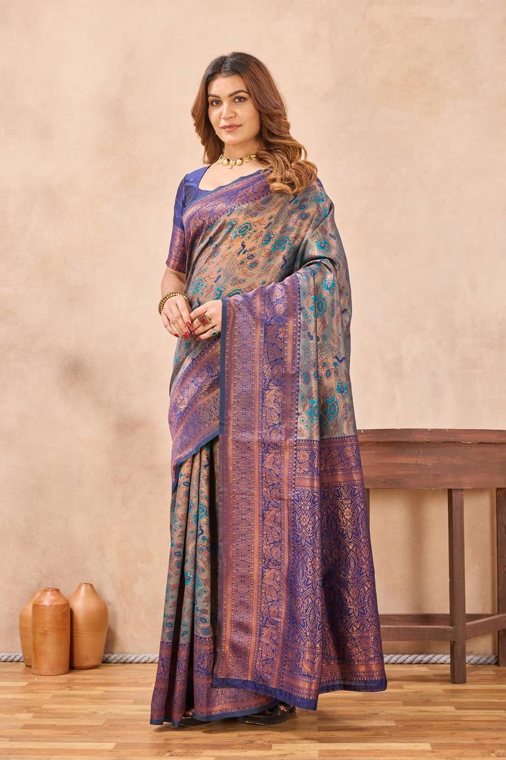 Turquoise blue silk blend banarasi saree with unstitched blouse piece