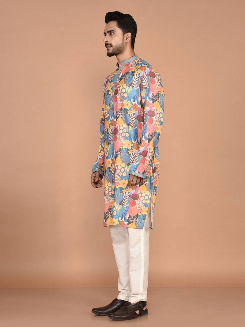 Men's abstract printed regular fit cotton kurta