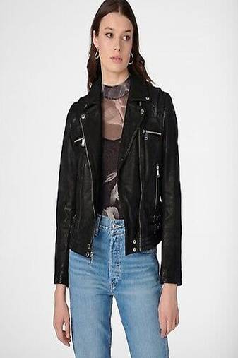 women's black premium lambskin leather jacket quilted shoulder detailing stylish