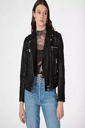 women's black premium lambskin leather jacket quilted shoulder detailing stylish