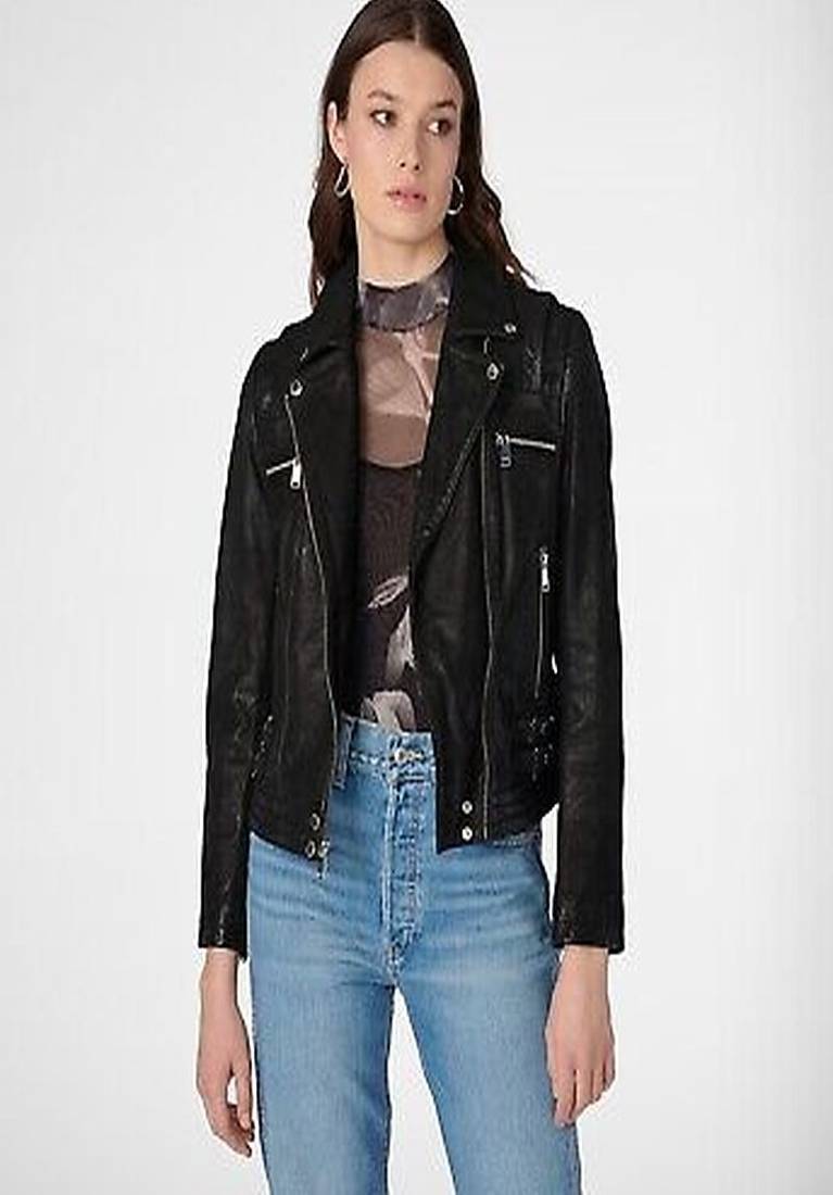 women's black premium lambskin leather jacket quilted shoulder detailing stylish