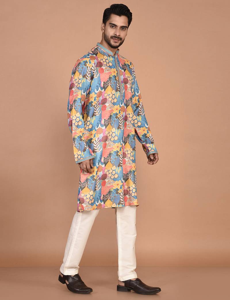 Men's abstract printed regular fit cotton kurta