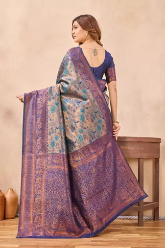 Turquoise blue silk blend banarasi saree with unstitched blouse piece