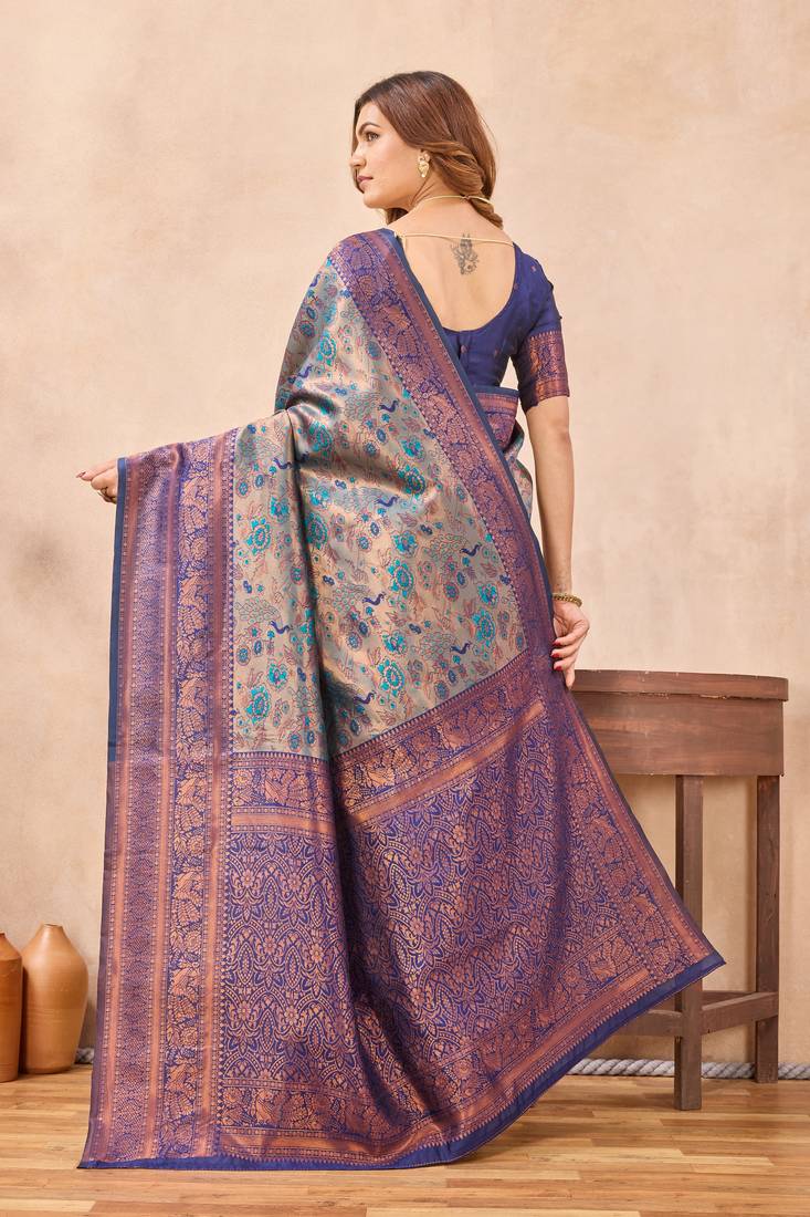 Turquoise blue silk blend banarasi saree with unstitched blouse piece