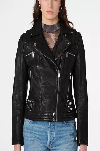 women's black premium lambskin leather jacket quilted shoulder detailing stylish