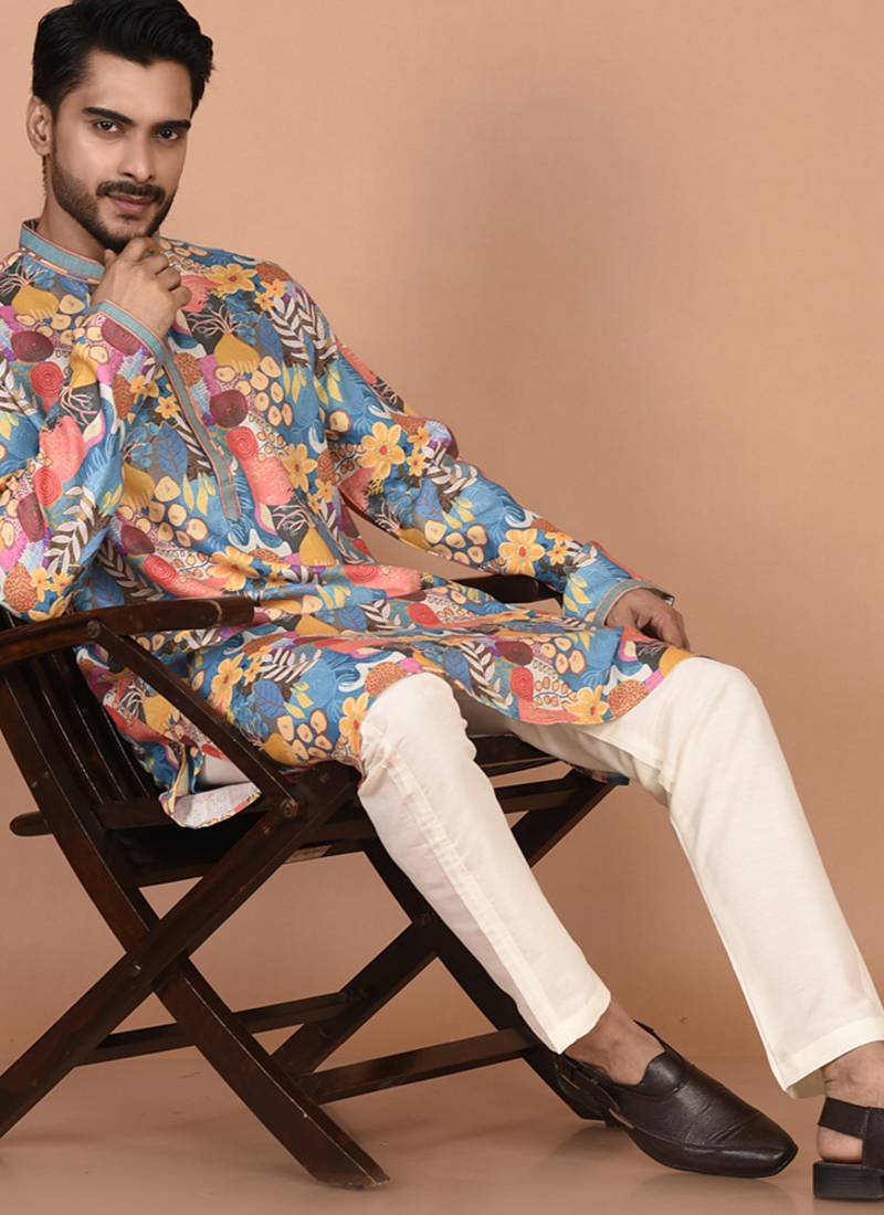 Men's abstract printed regular fit cotton kurta