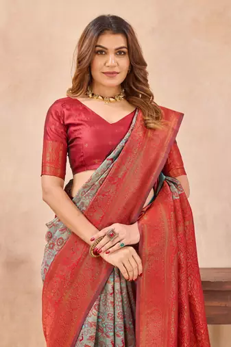 Turquoise red silk blend banarasi saree with unstitched blouse piece