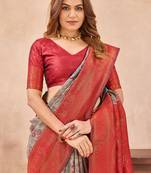 Turquoise red silk blend banarasi saree with unstitched blouse piece