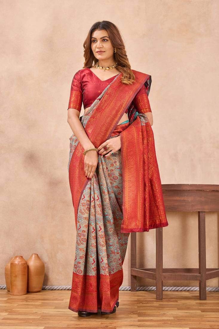 Turquoise red silk blend banarasi saree with unstitched blouse piece